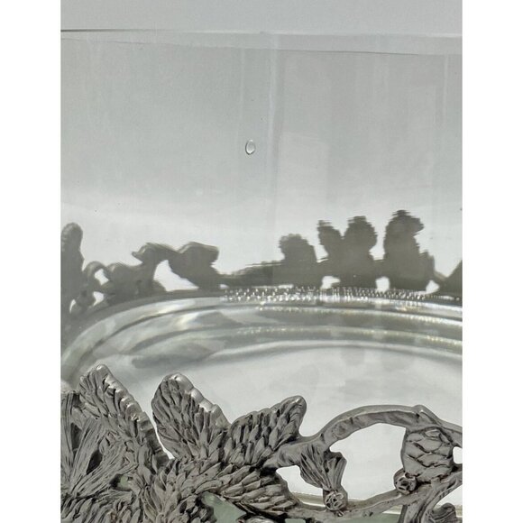 Birds & Pinecones Pewter Glass Large 9” Footed Bowl Centerpiece Votive Nature - Picture 12 of 12